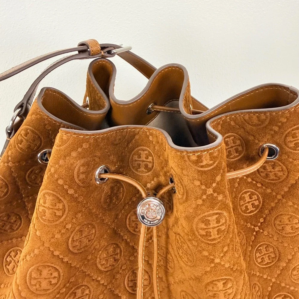 NWT Tory Burch T Monogram Suede Oversized Bucket Bag OS Chicory Brown Drawstring